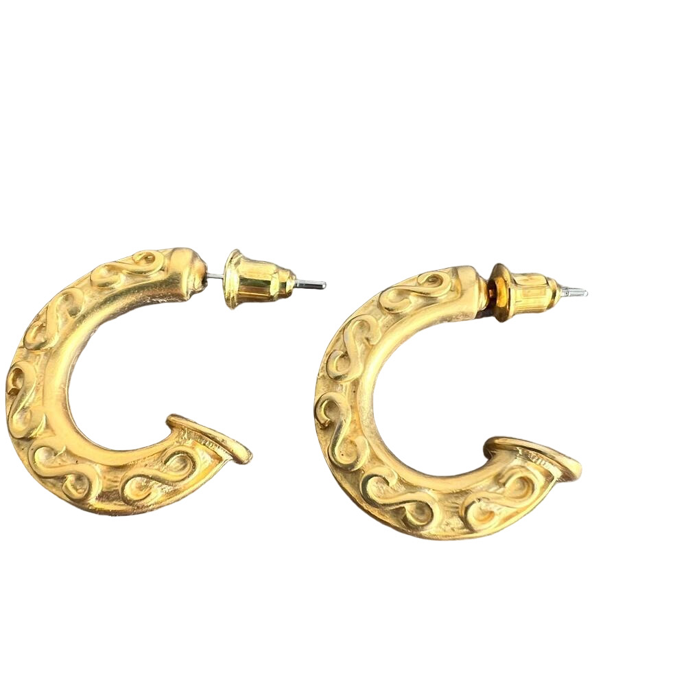 Textured brushed gold tone S swirl hoop post classic elegant unique earrings